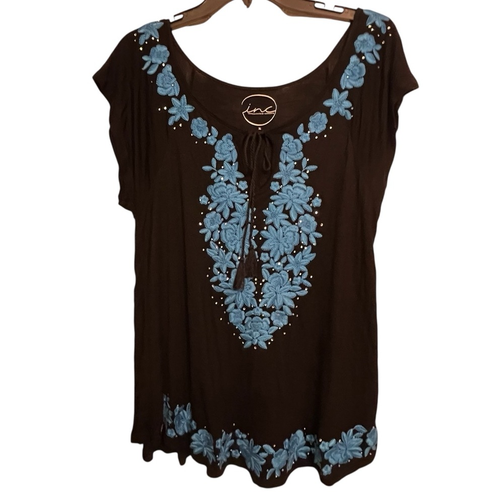 INC International Concepts black short sleeve top turquoise embroidery top XL